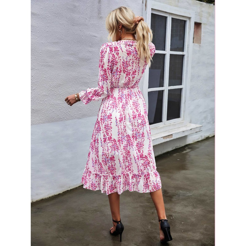 Long sleeve Floral print Frill Trim Flounce Sleeve Ruffle Hem midi Dress blue - Picture 5 of 5